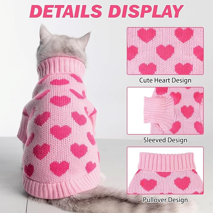 KOOLTAIL Cat Sweater - Outfit with Heart Love Pattern Cold Weather Soft Warm Knit Turtleneck Clothes for Cats Kitten Small Dogs Puppy Pink S