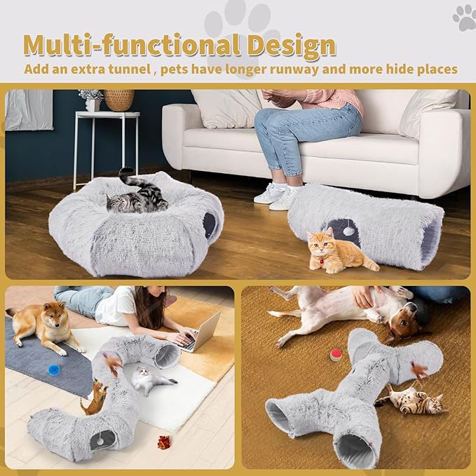Odoland Cat Tunnels Bed with 1 Straight Tunnel and 20 Pet Toys - 5 Shapes DIY Indoor Cats Cave - Detachable Soft Cat Donut Tunnelset for Kitten Puppy Rabbit Ferret