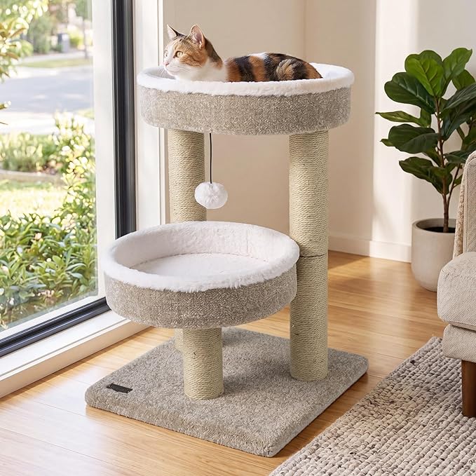 PETSITE 24-inch Small Cat Tree, Multi-Level Modern Cat Tower with Scratching Posts, 2 Comfy Cat Beds, and Interactive Hanging Ball, Ideal for Indoor Cats and Kittens (24-inch Tall)