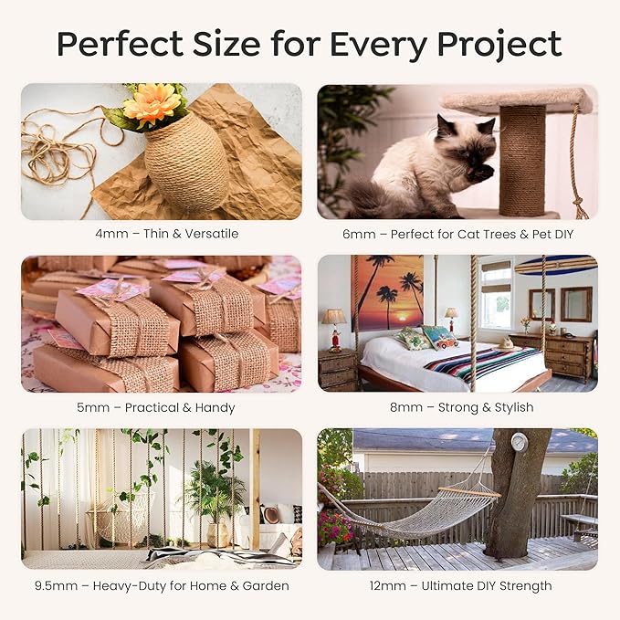 Premium Brazilian Sisal Rope, Natural Fiber 100% Sisal, Ultra Durable, Chemical-Free, Ideal for DIY, Cats, Scratching Post Replacement, Home Decor, Garden, Crafting (1/4” 50 ft / 6mm 15m)