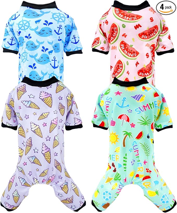 PET SHOW 4 Pack Small Dog Pajamas Watermelon Doggies Soft Stretchy PJs Whale Ice Cream Jumpsuit Puppy Cats Girl Boy Floral Onesies Outfits with Sleeve Pets Breathable Summer Dog Clothes Costume XS