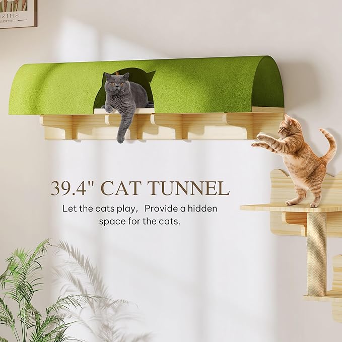 7-in-1 Cat Wall Shelves, Multi-Level Solid Wood Cat Furniture for Wall, Floating Cats Wall Shelves Set, Cat Climbing Wall Systems with Scratching Post and Tunnel, Burlywood