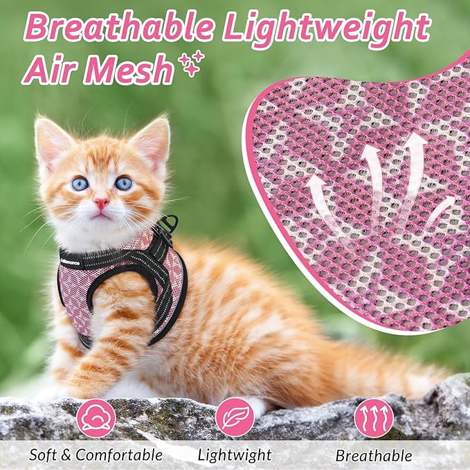 CatRomance Cat Harness and Leash Escape Proof for Walking, Safe Adjustable Large Kitten Vest Set with Reflective Strip for Kitty, Easy Control Comfortable Soft Outdoor Pet Harnesses, Pink, Large