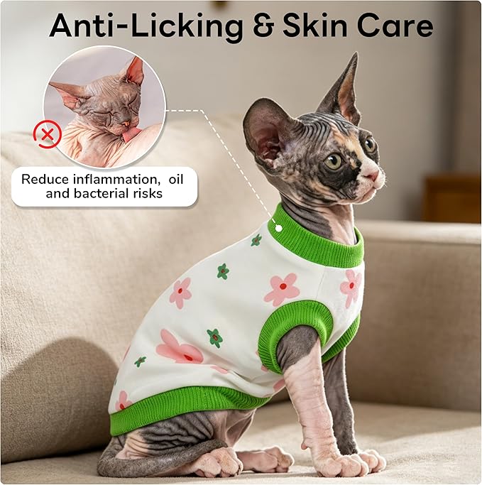 PUMYPOREITY Sphynx Cat Clothes: Stretchy Sweater, Soft Hairless Shirt, Pullover Pajamas, Turtleneck for Cornish Rex, Devon Rex - Green, S