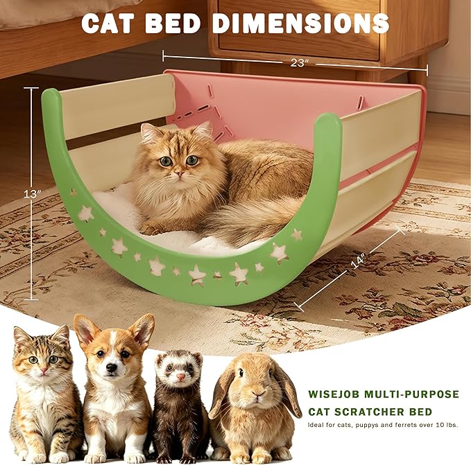 Cat Scratcher Bed – Sisal Scratch Pad & Soft Fleece Mat, Sturdy Elevated Lounge for Lounging, Climbing & Hiding, Supports up to 30 lbs, Pink