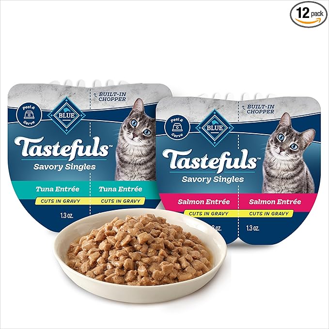 Blue Buffalo Tastefuls Savory Singles Natural Wet Cat Food Cuts in Gravy, Salmon and Tuna Variety Pack, 2.6-oz. Trays, 12-Count