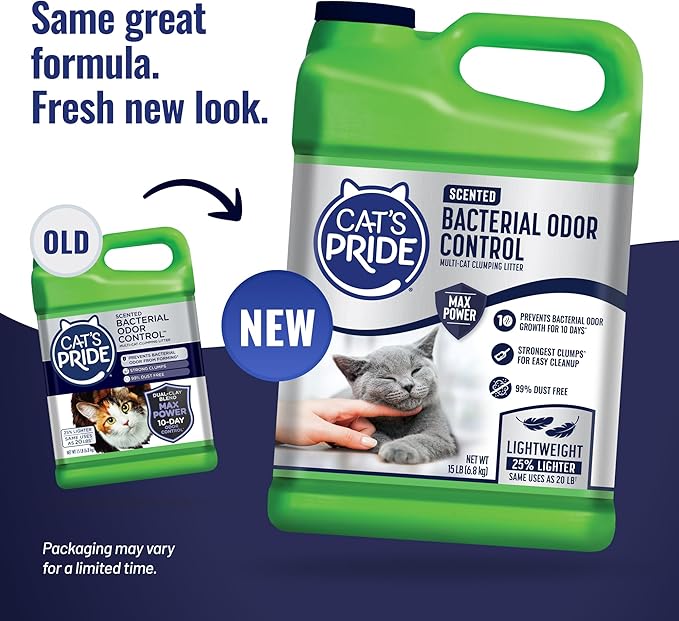 Cat's Pride Max Power: Bacterial Odor Control - Up to 10 Days of Powerful Odor Control - Strong Clumping - 99% Dust Free - Multi-Cat Litter, Fresh Scented, 15 Pounds