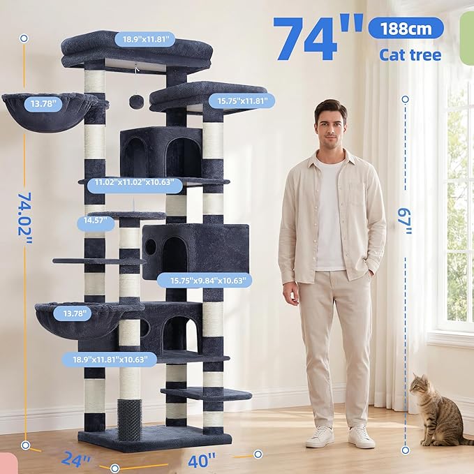 Hey-brother Cat Tree, 74 inches Multi-Level XL Large Cat Tower for Indoor Cats with Three Cat Condos, Two Large Top Decks and Cat Hairbrushfor Kittens, Cats and Pets, Smoky Gray MPJ035-MG