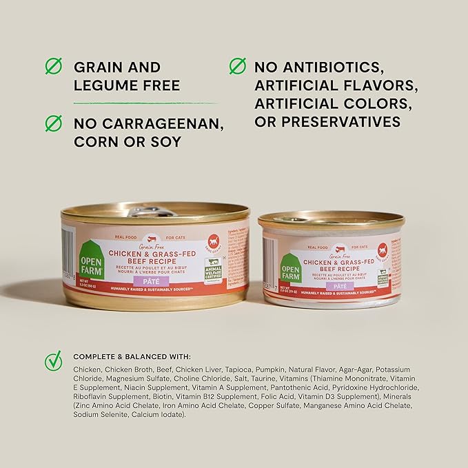 Open Farm Canned Cat Food, Pate for Complete & Balanced Nutrition, Grain-Free and Legume-Free Wet Cat Food, Chicken & Beef Recipe, 5.3oz Cans (Case of 12)