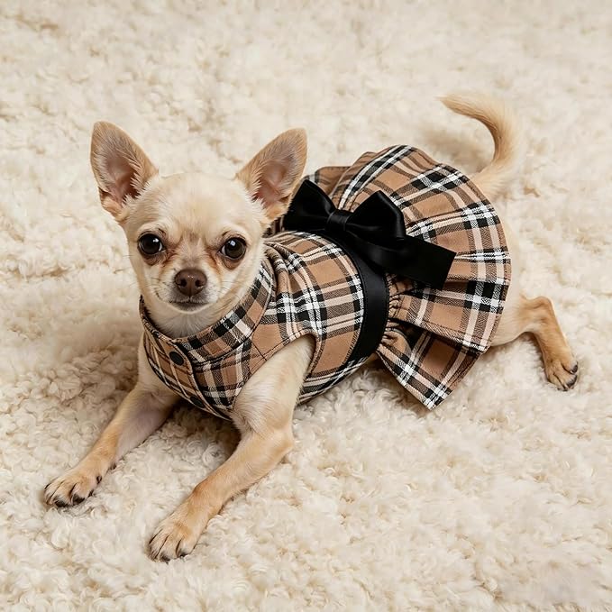 Classic Plaid Dog Dress with Bow Tie for Small Dogs Cats Girls, Cute Puppy Dresses Clothes with Bowknot Chihuahua French Bulldog Pet Apparel Outfits (Chestnut Brown, Medium)