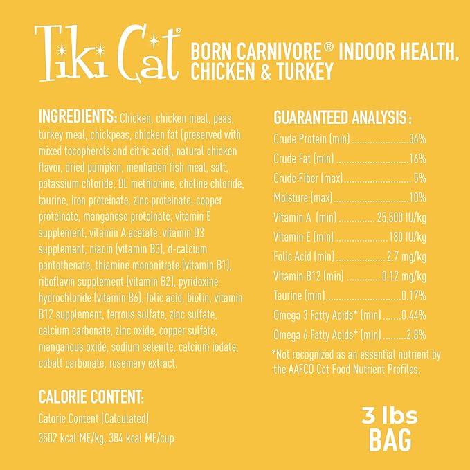 Tiki Cat Born Carnivore Indoor Health Non-GMO, Chicken and Turkey Meal Recipe 3 lbs.