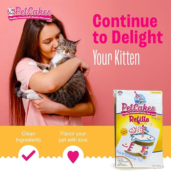 PetCakes Birthday Treat Mix Refills for Cats - Make Healthy Cakes - Includes 1 Cake Mix, 1 Frosting & Candle, Cheese Flavor - Net Wt. 3oz (Pack of 2)