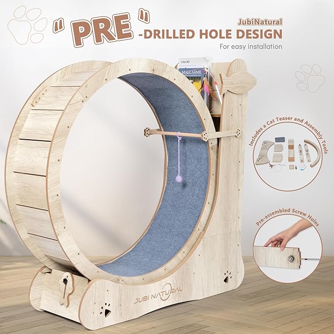 Cat Exercise Wheel for Indoor Cats, 43" Interactive Cat Running Wheel with Scratching Board, Teaser Toy & Storage Shelf, Quiet Carpet Track, Safety Lock, Anti-Pinch Cat Treadmill for Energy Release