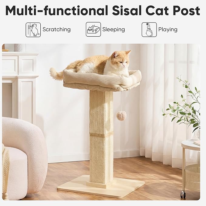 FUKUMARU Cat Scratching Post, Modern Style Tall Scratch Posts with Perch for Infoor Cats Adults, Large Cat Scratcher Tower with Bed, Small Tree with Raised Stand, Natural Sisal & Solid Wood