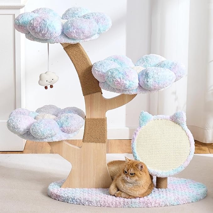 Aesthetic Flower Cat Tree Tower with Scratching Post for Indoor Cats, 37" Modern Cat Tree with Wood Sculpted Branch, Flower Cat Beds, Scratching Board & Interactive Squeaky Toy, Dreamy Blue