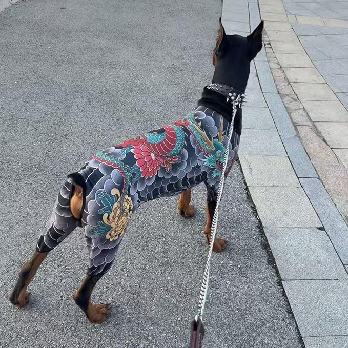 Dog Tattoo Bodysuit, Soft Stretch Pet Jumpsuit for Dogs & Cats, Breathable Tattoo Print Outfit for Photos, Parties, Daily Wear & Shedding Control (5XL)