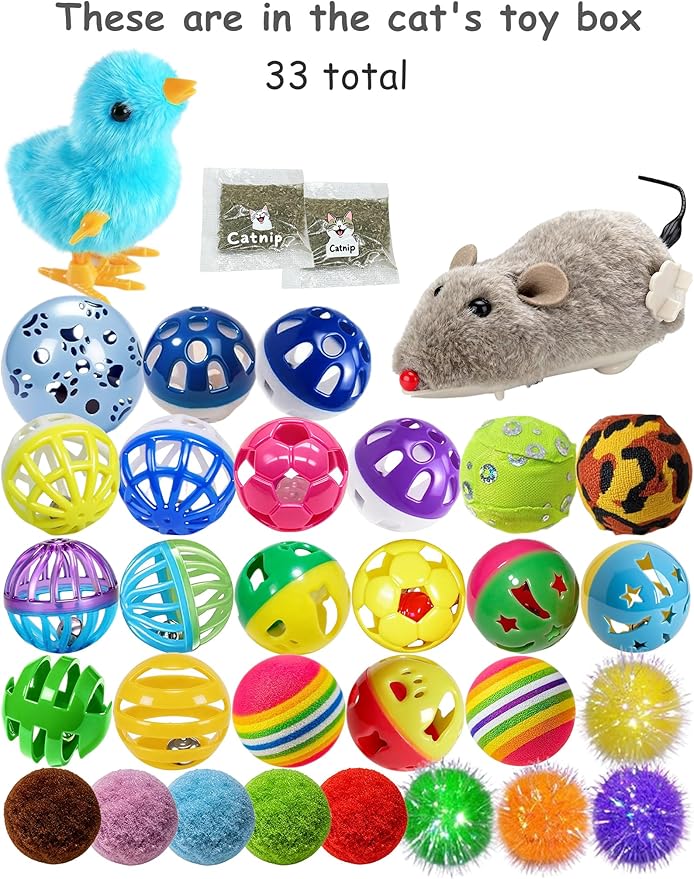 31 Pcs Interactive Cat Toy Balls Set for Indoor Kitten, Fun Chase Play Toys with Bell Balls (1.5'' - 6.3'')