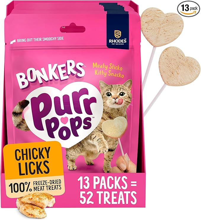 Bonkers Purrpops Freeze-Dried Chicken Flavored Lollipop Treats for Cats, 4 Pieces (Pack of 13)