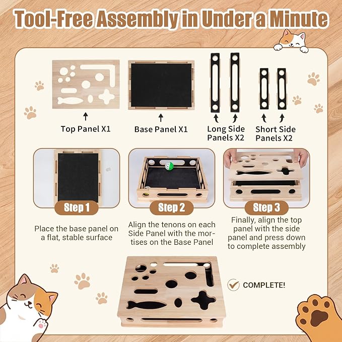 Cat Scratch Puzzle Enrichment Box, Smooth Solid Wood Cat Nail File Enrichment Box with Built-in Sandpaper, Cat Nail File Box Stress Free Alternative to Clippers & Grinders(No Bell Ball) (Large)