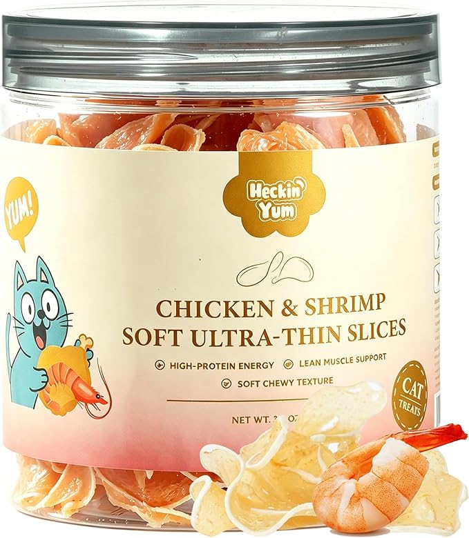Soft Cat Treats, Chicken & Shrimp Ultra-Thin Slices, Easy-Chew Snacks for Picky Cats, Kittens & Seniors, Low-Fat Treats with Taurine, 3.2 oz