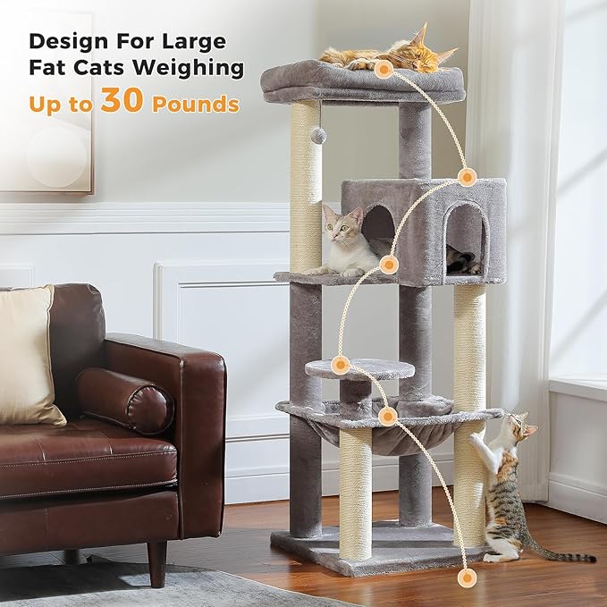 MUTTROS Large Cat Tree for Indoor Cats Large Adult, 57.8" Heavy Duty Cat Tower with Reinforced Scratching Posts (φ3.2in) and Plush Larger Hammock for Maine Coon & Big Cats, Supports 30lbs, Grey
