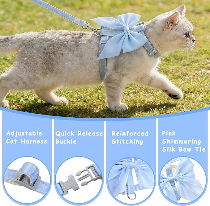 Tensho Blue Bow Cat Harness and Leash Set Escape Proof, Adjustable Kitten Harness with Leash, Bow Tie Cat Harness for Walking Outdoor - Soft Lightweight Harness for Small Dogs Cats Rabbits (M)