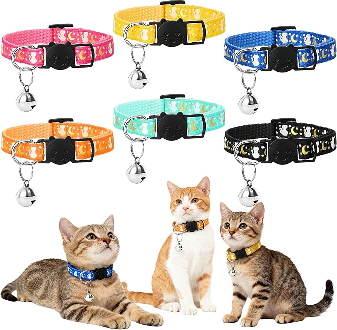 6PCS Breakaway Cat Collars with Bell, Glow in The Dark Adjustable Kitten Collars with Star Moon Pendant, 6 Color Cute Kitty Collars for Girl Boy Cats Pet Accessories