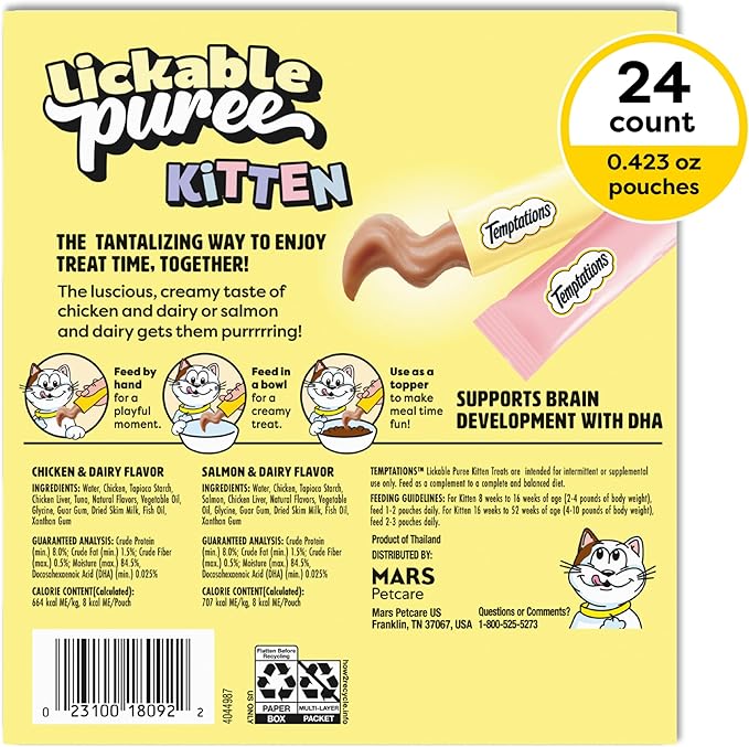 Temptations Puree Kitten Treats Lickable, Chicken and Salmon Variety Pack, 24 Pouches