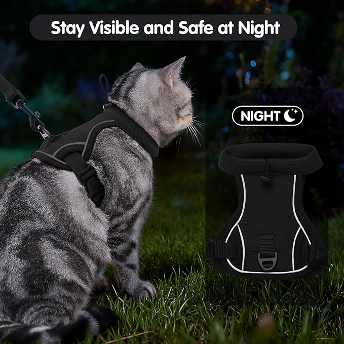 Dotoner Escape Proof Cat Harness and Leash Set Adjustable Soft Mesh Vest for Walking Safe Travel Vet Visit with Reflective Strips for Cats and Kittens(Black-M)