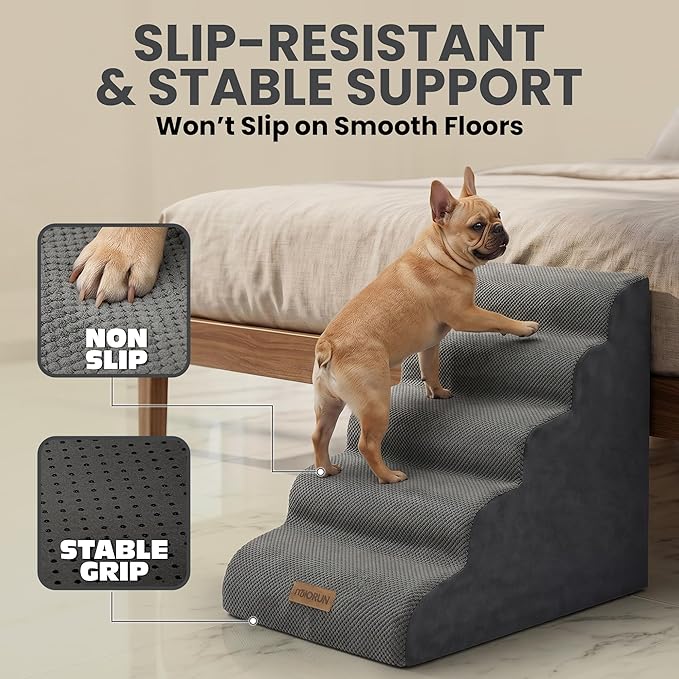 Dog Stairs for High Beds Up to 30", Extra-Tall 5-Step Dog Steps for Bed, 24.5" Tall Foam Pet Stairs for Small & Medium Dogs, Gentle Slope Cat Ramp for Bed with Washable Cover