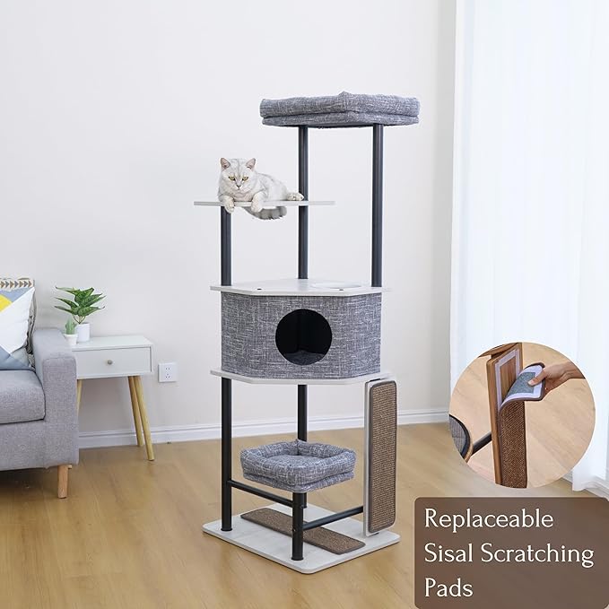 Petpals Heavy Duty Cat Tree with Durable Steel Frame and Laminated Board,Large Condo,Removable Top Bed,2 Replaceable Scratching Mats for Long-Lasting. (Light Gray)