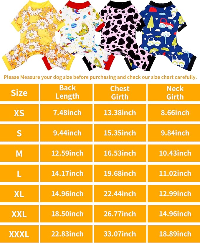 PET SHOW 4 Pack Dog Pajamas for Medium Large Dogs Girl Boy Small Dog Clothes Soft Stretchy PJs Dinosaur Car Jumpsuit Puppy Cats Daisies Cow Jammies Onesies Outfits with Sleeve Pets Costume, L
