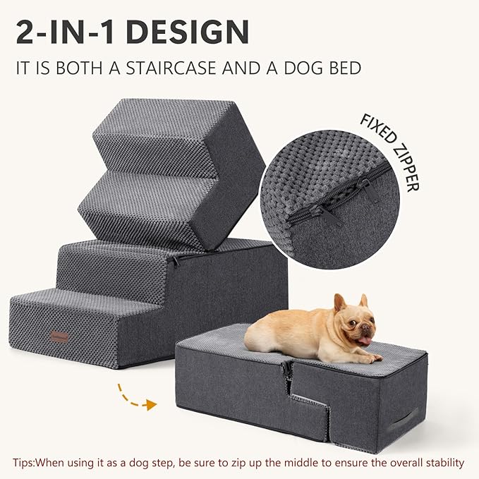 Aodisman Dog Steps for Bed and Couch, 4-Step Pet Stairs for Small Dogs, Indoor Non-Slip Dog Stairs for Old Cats, Puppy, Small Medium Dogs,18.5" H,Grey