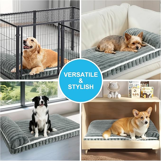 Comfort Dog Beds for Large Dogs,Dog Bed with Removable Washable Cover, Deluxe Plush Dogs Beds for Crate with Pillow, Anti-Slip Pet Mat Mattress for Kennel with Durable Zipper(Grey,L)