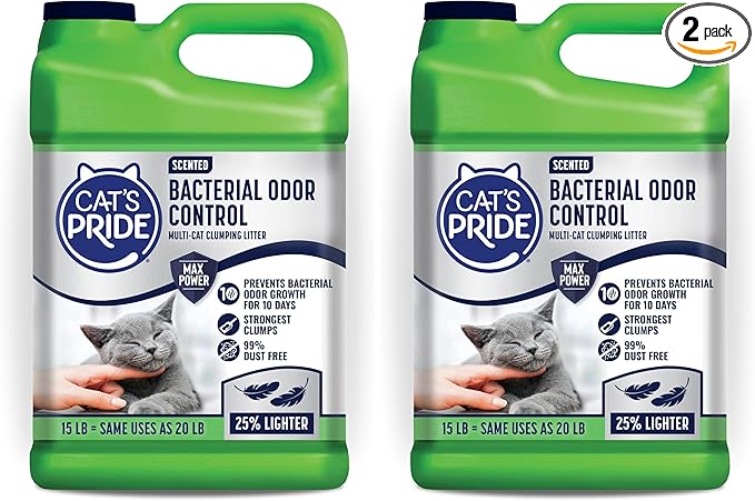 Cat's Pride Max Power: Bacterial Odor Control - Up to 10 Days of Powerful Odor Control - Strong Clumping - 99% Dust Free - Multi-Cat Litter, Scented, 15 Pounds (Pack of 2)