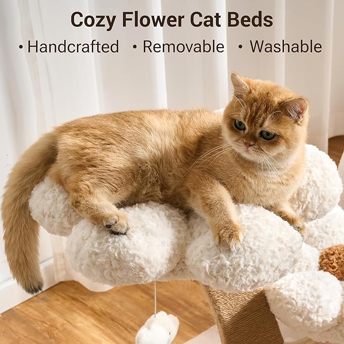 Aesthetic Flower Cat Tree Tower with Scratching Post for Indoor Cats, 37" H Modern Cat Tree with Wood Sculpted Branch, Flower Cat Beds, Mushroom Scratcher & Interactive Squeaky Toy, White