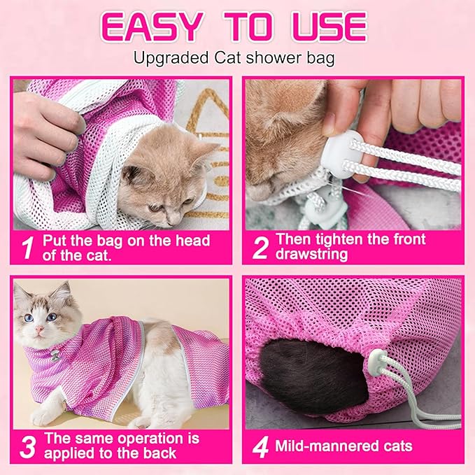 Cat Bathing Bag, Anti-Scratch & Anti-Bite Adjustable Mesh Cat Shower Bag with Nail Clipper, Grooming Comb, Bath Brush & Nail File, Breathable Cat Washing Bag for Bathing, Nail Trimming