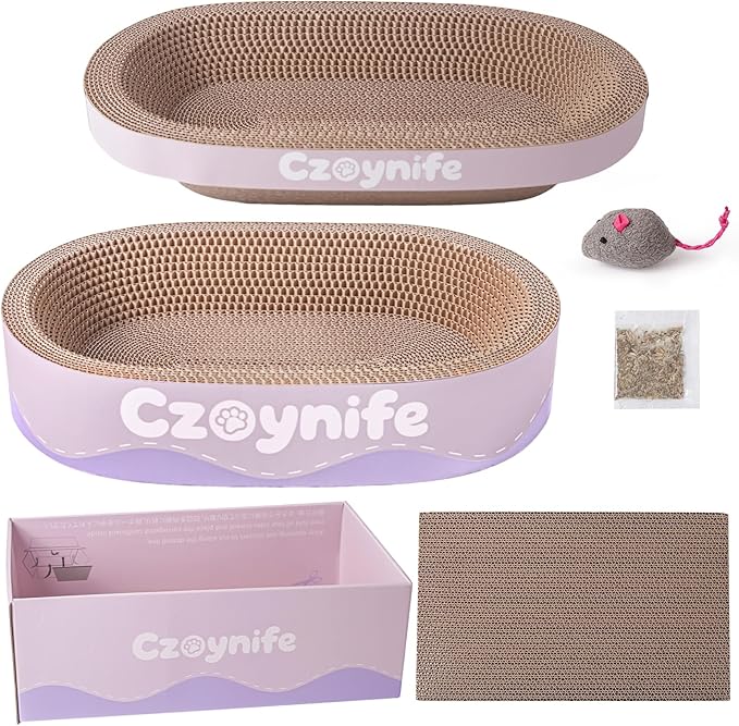 3PCS Cat Scratcher Bed, Oval Cat Scratcher Pad Bowl Nest for Indoor Cats, Round Cat Scratching Cardboard, Furniture Protector for Couch, for Kittens (Purple, 15.7 * 10 in)