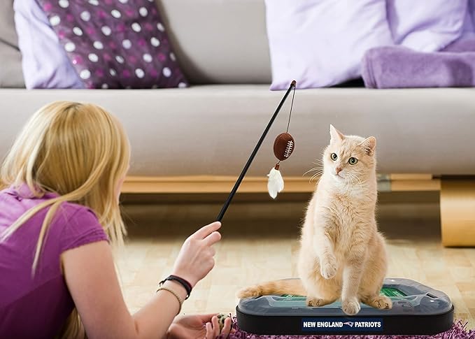 Pets First CAT BALL BELL TOY New England Patriots Football Field CAT Scratcher Toy with Catnip Filled Plush Football Toy&Feather Cat Toy Hanging,&Jingle Bell Interactive Ball Chasing 5-in-1 Kitty Toy