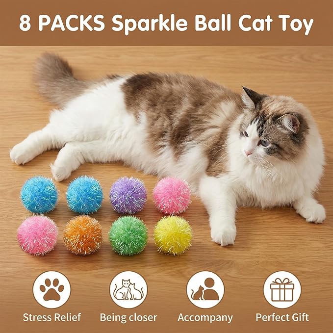 Larrel Glitter Fuzzy Balls for Cats, 16 Pcs Cat Pom Pom Balls Interactive Kitten Toys, Multicolor Soft Cat Ball Toys for Indoor Cats Playing Exercising or Craft DIY Creative Crafts Decorations