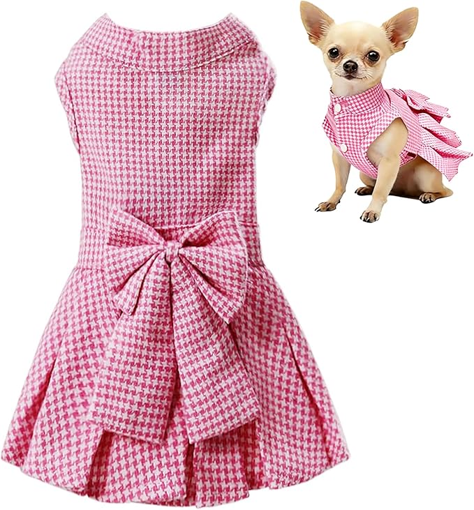 Classic Plaid Dog Dress with Bow Tie for Small Dogs Cats Girls, Cute Puppy Dresses Clothes with Bowknot Chihuahua French Bulldog Pet Apparel Outfits (Strawberry Pink, Medium)