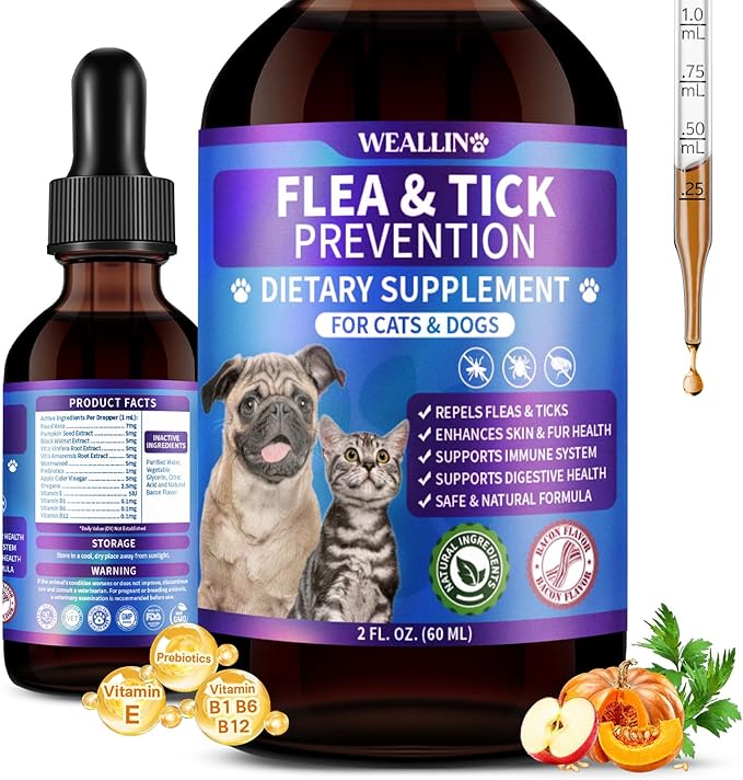 WEALLIN Flea and Tick Prevention for Cats and Dogs Natural Flea Treatment Support Drops with Multivitamin for Pets Oral Natural Supplement Flea and Tick Treatment Drops for All Breeds and Ages