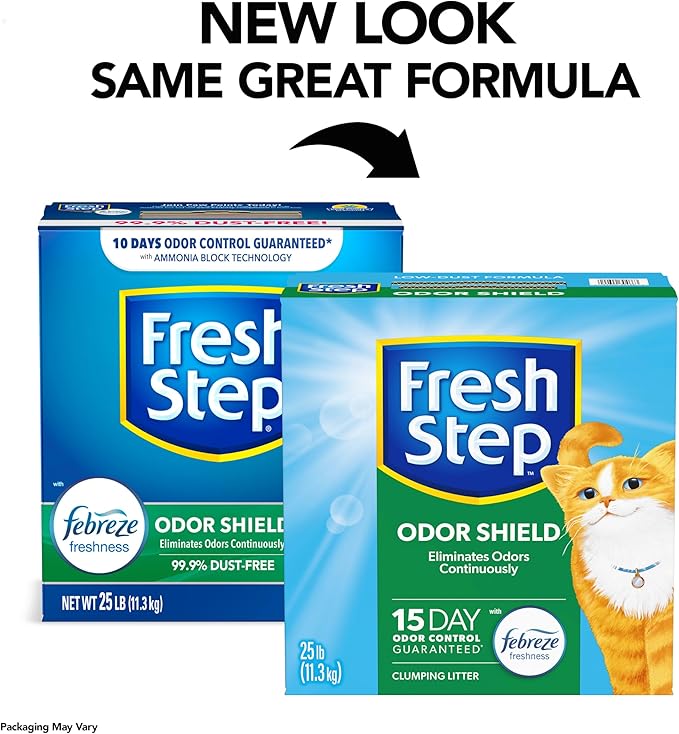 Fresh Step Odor Shield Scented Litter with the Power of Febreze, Clumping Cat Litter, 25 Pounds (Package May Vary)
