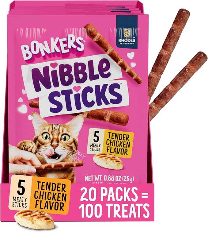Bonkers Nibble Sticks Soft & Meaty Tender Chicken Flavor Cat Treats, 5 Sticks (Pack of 20)