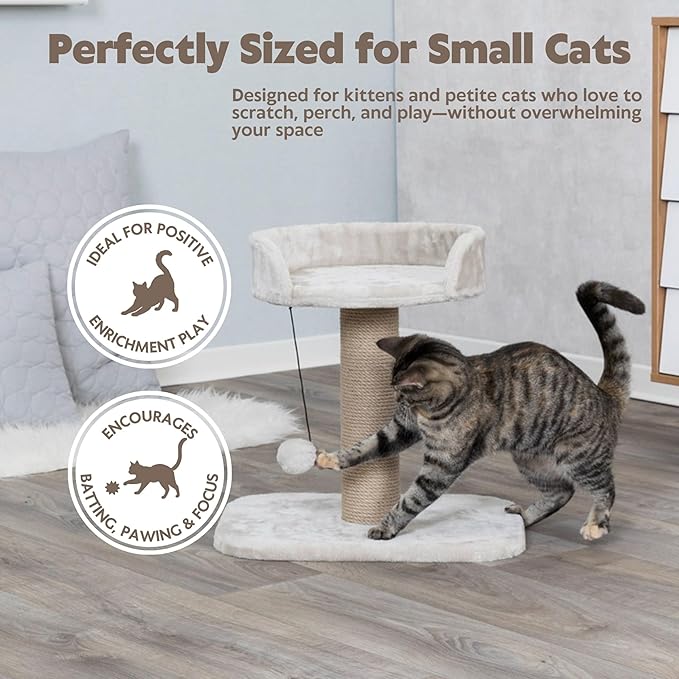 Trixie Mica 18-in Cat Tree for Kittens, Indoor Jute Scratching Post Cat Furniture, Padded Platform, Dangling Toy, Greige