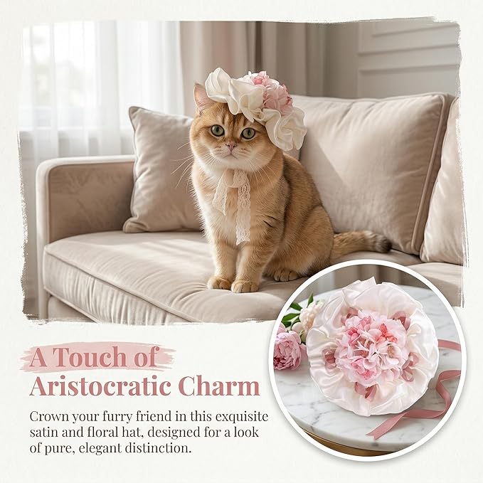 Lovelyshop Spring Garden Party Cat Hat, Elegant Satin Bow and Blossom Design for Pet Photoshoots and Picnics, Silk Lace Bonnet, Tea Party Pet Accessory
