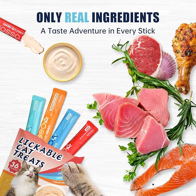 Lickable Cat Treats Variety Pack - 36 Sticks Wet Cat Treat Puree with Taurine, Fish Oil & Vitamins - Grain Free Lickable Puree for Immune & Heart Support for Picky Eaters (4 Variety Flavors)