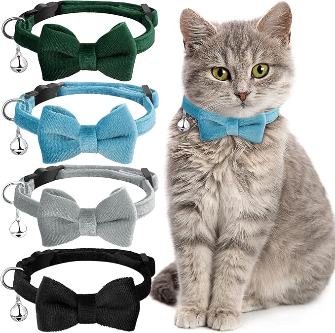 4 Pieces Cat Bow Tie Collar with Bell Breakaway Cat Comfortable Velvet with Cute Safety Pet Collar for Pet Kitten Puppy(Small,Black, Gray, Dark Green, Blue)