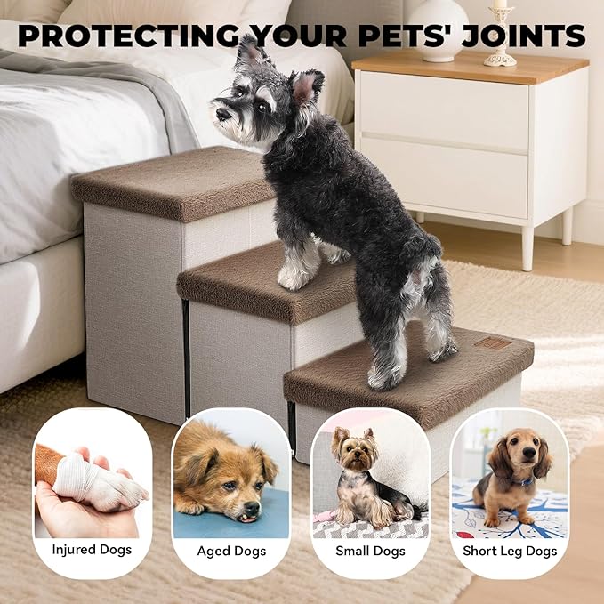 Zerbuger Dog Stairs with Furry Lids 18" H, 3-Step Wider Dog Steps with Storage for Small/Medium/Large Old Dogs Cats, Folding Sturdy Pet Stairs Climbing Bed Couch, Ramp for Car Up to 200 lbs, Khaki