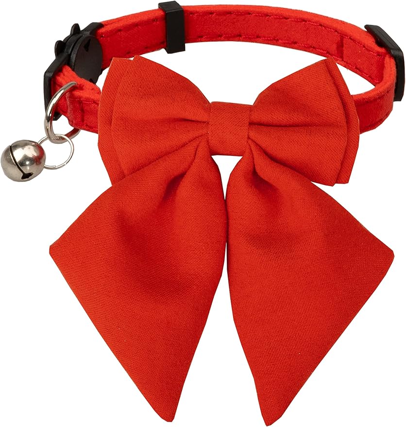 Cat Collar with Bow Tie Bell Breakaway Kitten Small Pet Safety Solid Wedding Basic Pure Color Suede Soft Adjustable Sailor Bow-[1pc] Red